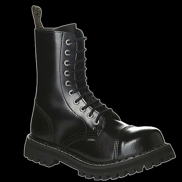 STEEL 10 Eyelet Black Leather Steel-Toe Combat Boot 106/O Vixens