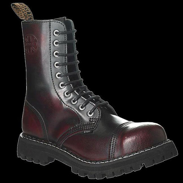 STEEL 10 Eyelet Burgundy Rub Off Steel Toe Boot at FashioNation