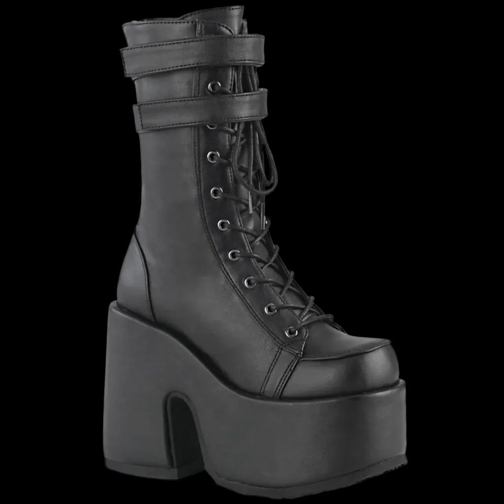 Demonia - Camel-250 Black Faux Leather 2 Strap Boot