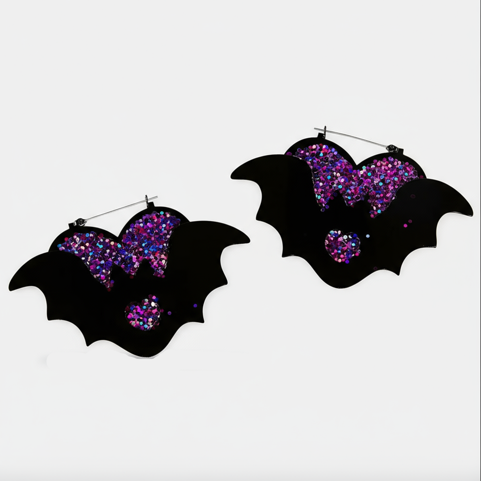 Too Fast - Purple Bat Glitter Heart Earrings