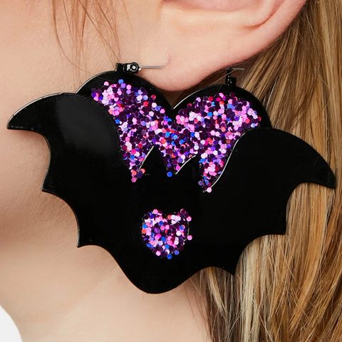 Too Fast - Purple Bat Glitter Heart Earrings