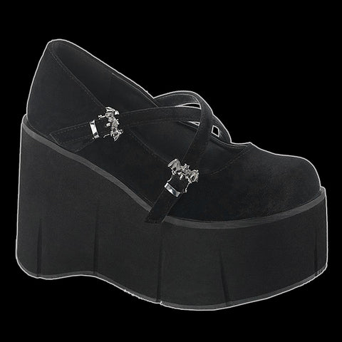 Demonia - Kera Black Velvet Bat Buckle Platform Wedge Shoe